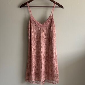 Speechless Pink Lace Crochet Slip Dress Tassel Hem Boho Festival Mini S